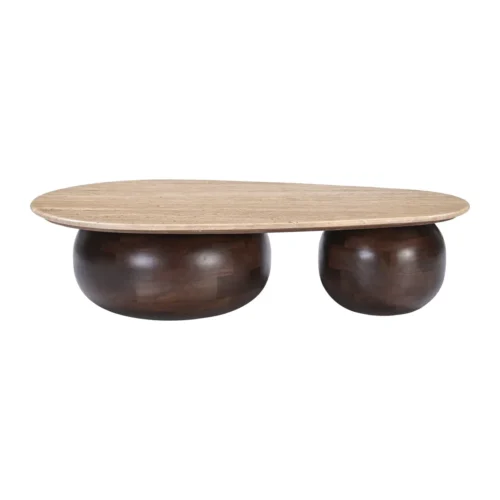 Table basse travertin clair plateau galet sur sphères de mindi Ethan Chloé 120 cm — vue 3