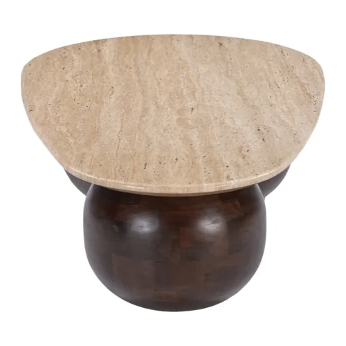 Table basse travertin clair plateau galet sur sphères de mindi Ethan Chloé 120 cm — vue 4