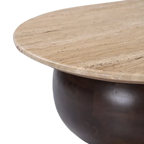 Table basse travertin clair plateau galet sur sphères de mindi Ethan Chloé 120 cm — vue 5
