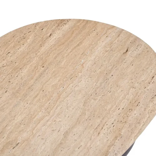 Table basse travertin clair plateau galet sur sphères de mindi Ethan Chloé 120 cm — vue 6