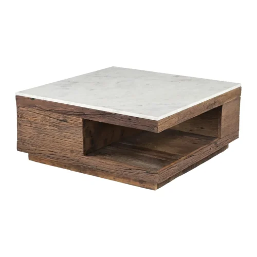 Tables basses Ethan Chloé Table basse travertin et bois de mindi carrée niche traversante Ethan Chloé 80 cm