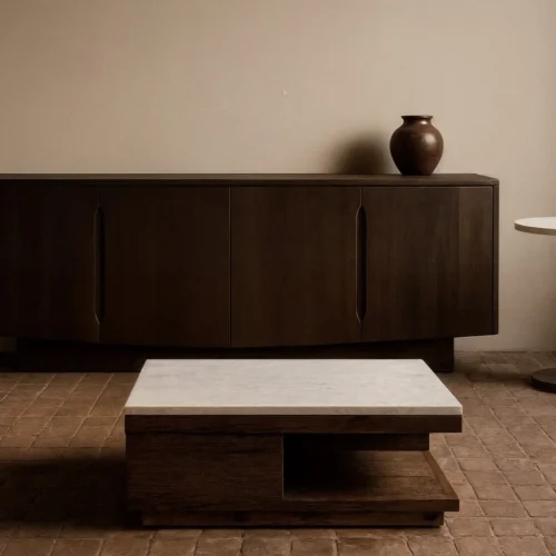 Table basse travertin et bois de mindi carrée niche traversante Ethan Chloé 80 cm — vue 2