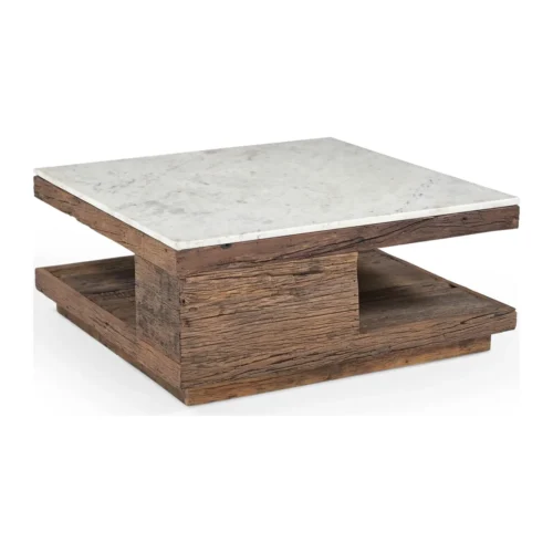Table basse travertin et bois de mindi carrée niche traversante Ethan Chloé 80 cm — vue 3