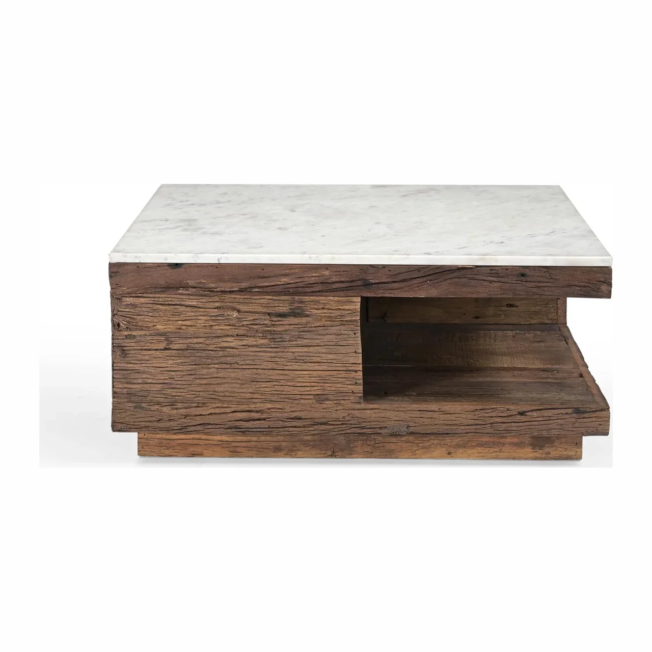 Table basse travertin et bois de mindi carrée niche traversante Ethan Chloé 80 cm — vue 4