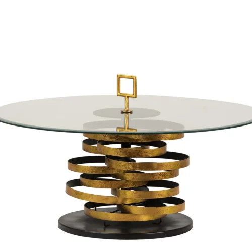 Tables basses Ethan Chloé Table basse verre et métal doré Yuku anneaux empilés Ethan Chloé 92 cm