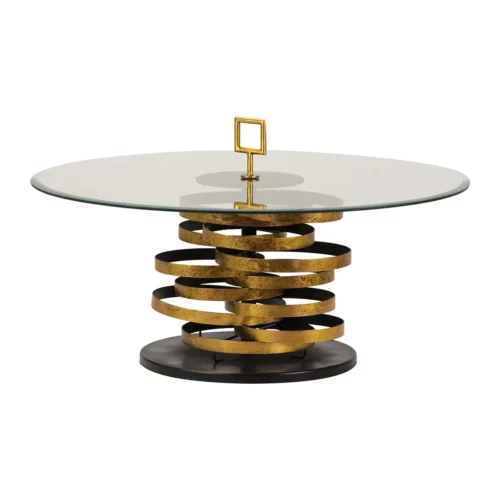 Table basse verre et métal doré Yuku anneaux empilés Ethan Chloé 92 cm