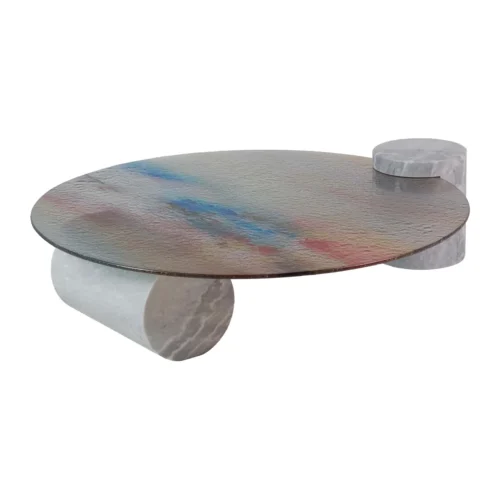Table basse verre irisé Tucson plateau carré sur cylindres de marbre Ethan Chloé 100 cm — vue 2
