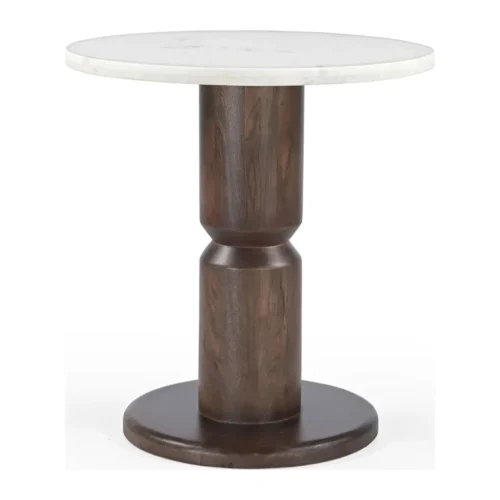 Tables à manger Ethan Chloé Table bistrot travertin ronde pied colonne bois de mindi Ethan Chloé 70 cm
