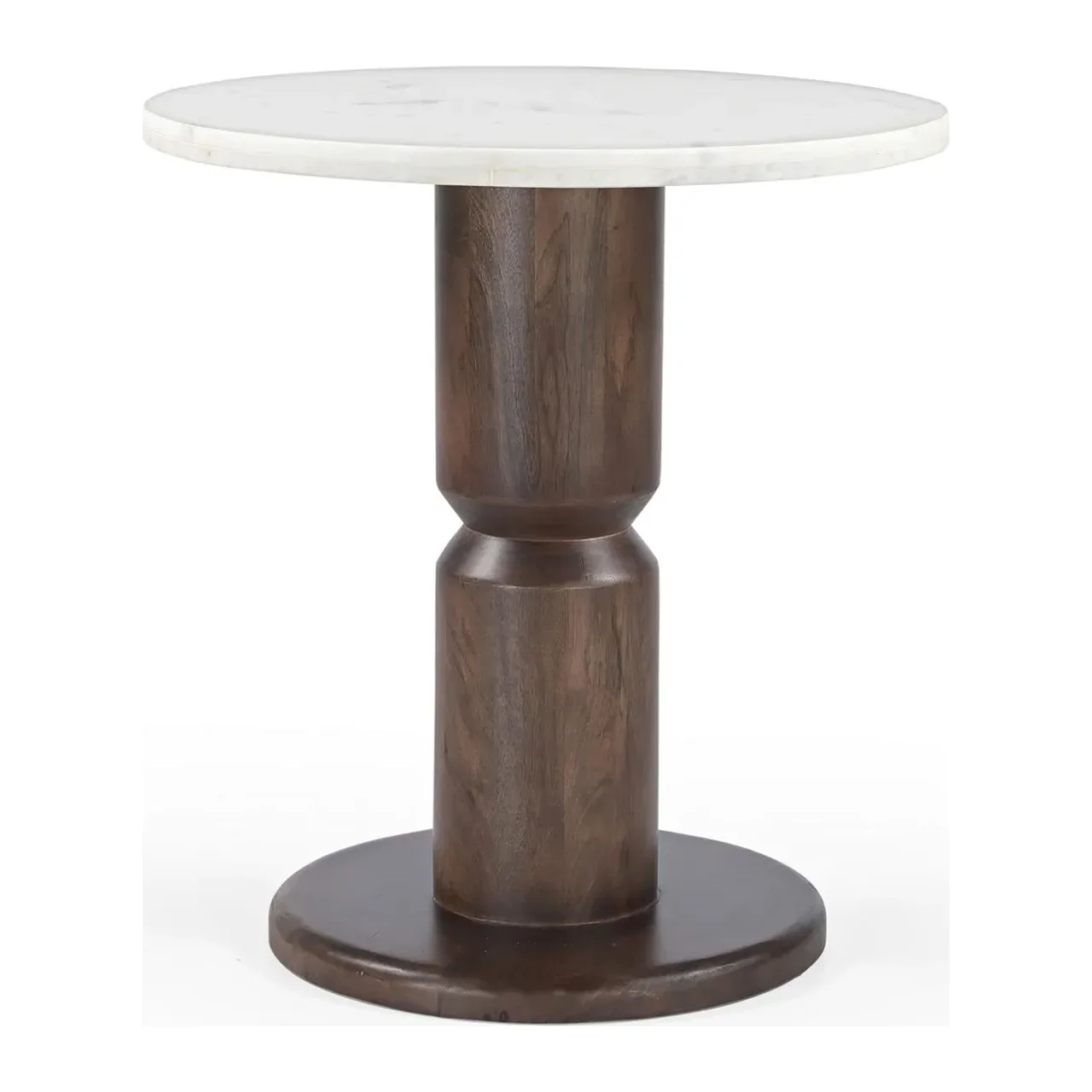 Table bistrot travertin ronde pied colonne bois de mindi Ethan Chloé 70 cm