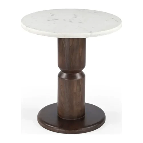 Table bistrot travertin ronde pied colonne bois de mindi Ethan Chloé 70 cm — vue 3