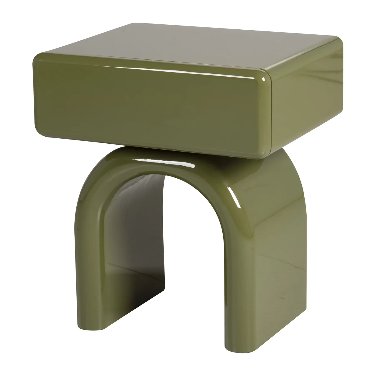 Table de chevet rectangulaire vert olive Sutura laquée piétement en arche Ethan Chloé 57 cm