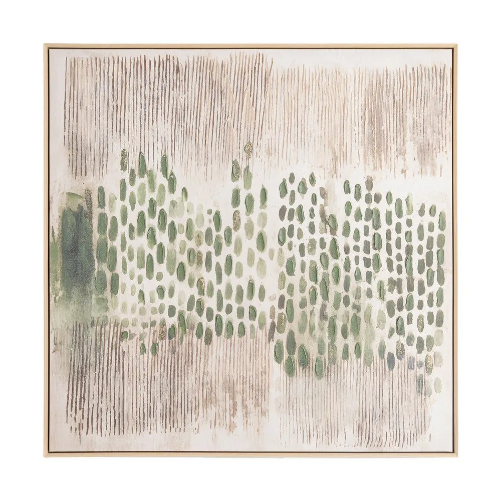 Tableau abstrait beige et vert peint à la main Ixia 100 × 100 cm