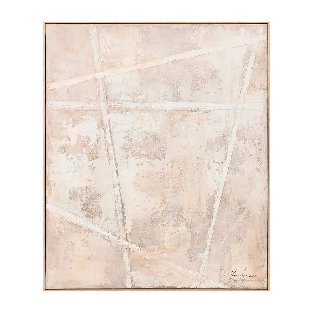 Tableau abstrait beige rosé lignes blanches peint à l'huile Ixia 100 × 120 cm