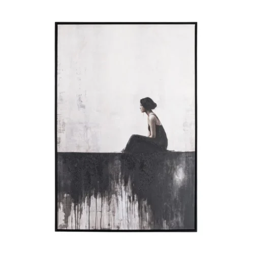 Tableau femme assise de profil noir et blanc cadre noir Ixia 80 × 120 cm