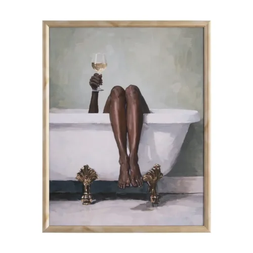Tableau scène de bain au verre de vin cadre bois de pin Ixia 64 × 81 cm