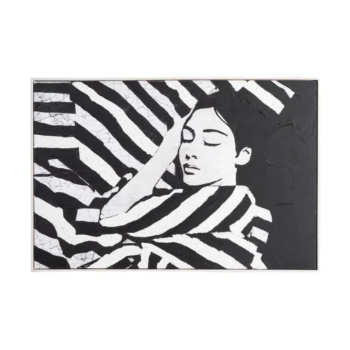 Tableau visage de femme rayures noir et blanc cadre blanc Ixia 80 × 120 cm
