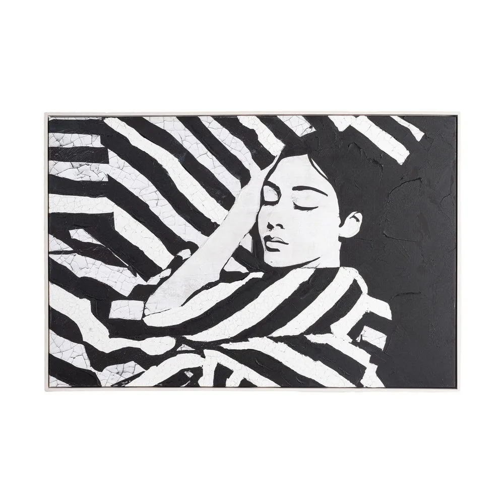 Tableau visage de femme rayures noir et blanc cadre blanc Ixia 80 × 120 cm