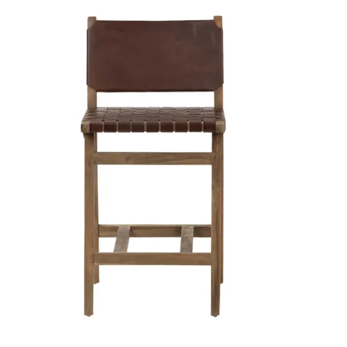 Tabouret de bar teck et cuir marron lanières entrelacées Ethan Chloé 92 cm