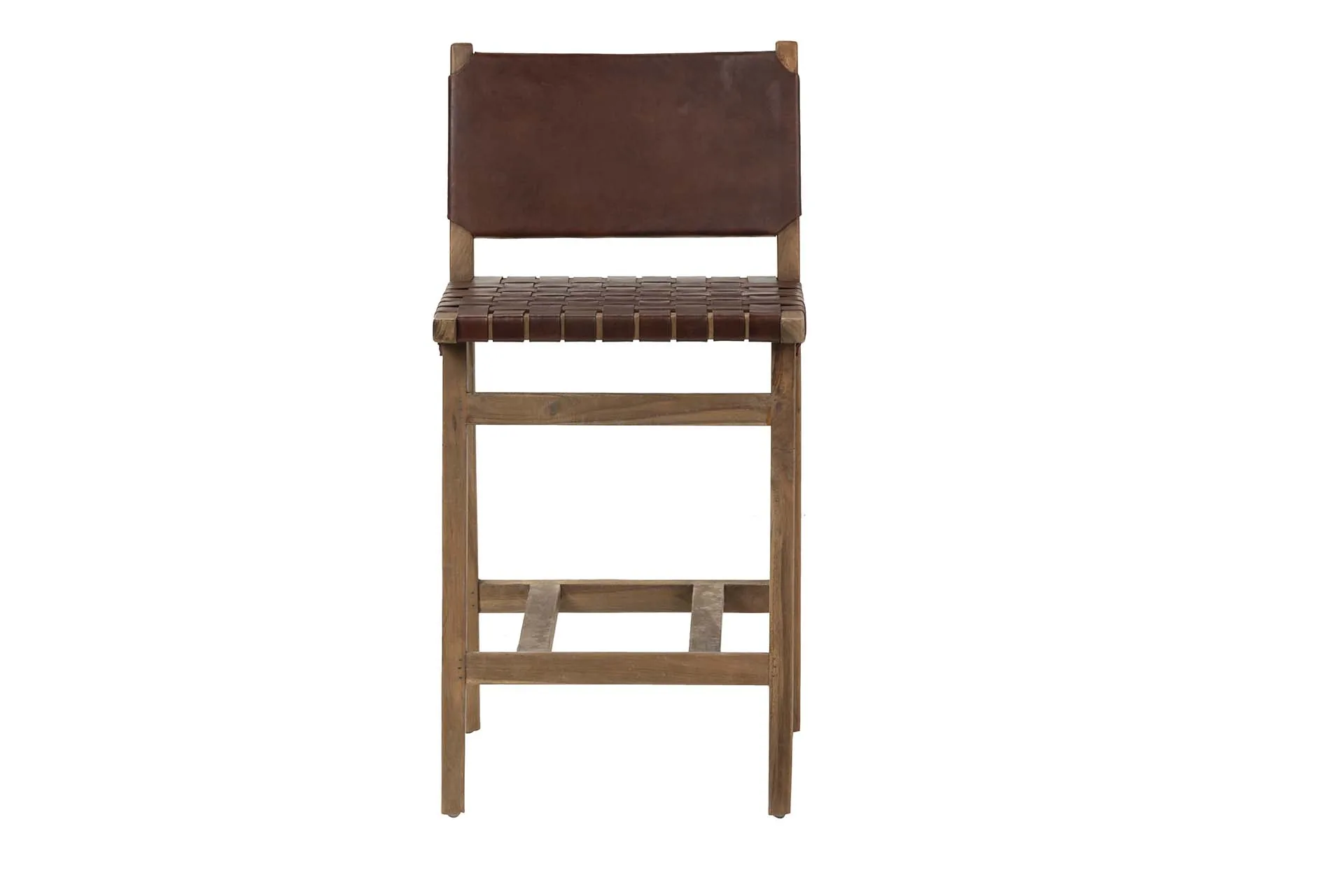 Tabouret de bar teck et cuir marron lanières entrelacées Ethan Chloé 92 cm