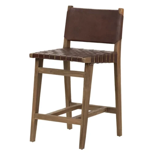Tabouret de bar teck et cuir marron lanières entrelacées Ethan Chloé 92 cm — vue 2
