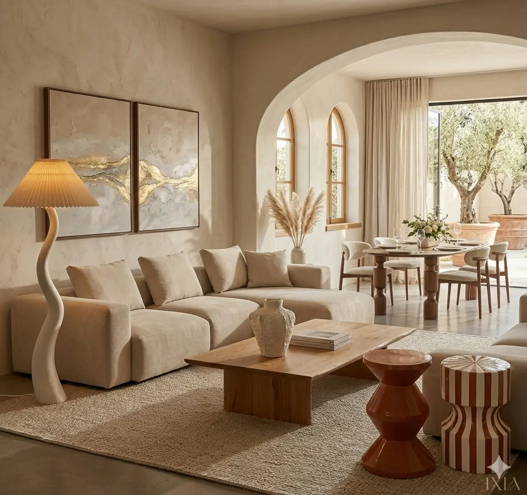 Salon beige et bois, ambiance Melimel Home
